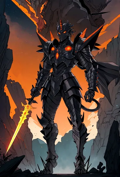 Original Kaiju armor form of a human, sharp, obsidian-like plates that overlap like armor, Elongated and somewhat reptilian head, with a pronounced crest of jagged obsidian spikes running from the forehead to the back of the neck. Four glowing, amber eyes ...