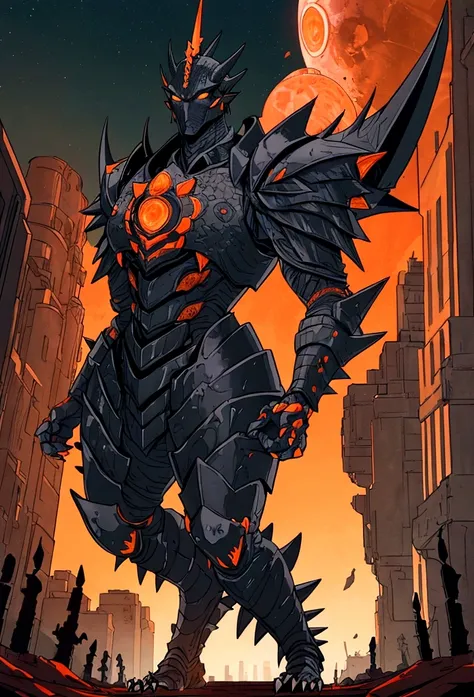 Original Kaiju armor form of a human, sharp, obsidian-like plates that overlap like armor, Elongated and somewhat reptilian head, with a pronounced crest of jagged obsidian spikes running from the forehead to the back of the neck. Four glowing, amber eyes ...