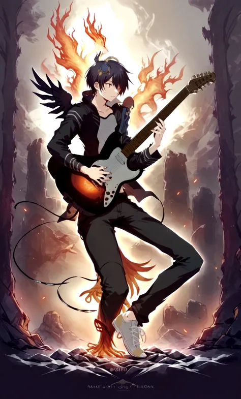 make a cover of a song, based on a human boy playing the guitar, and that in the background you can see the phoenix giving you energy and that the energy it gives you comes out, 