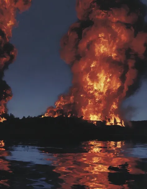 long view of fire on lake at night 