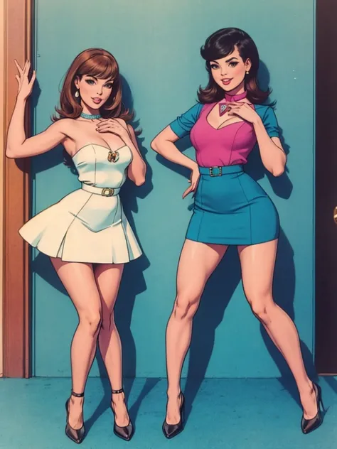 two fashionable young women posing for a picture, retro 60s girls fashion