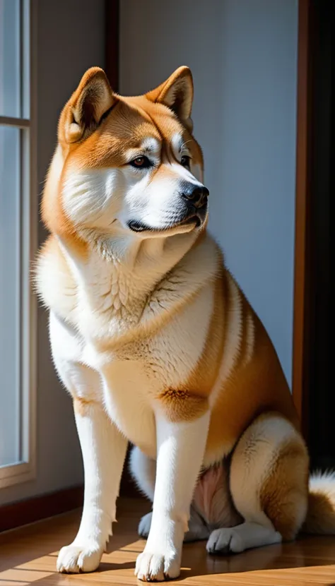 There is no one, realistic photo, photo realism, realism, akita (akita), perfect composition, intricate details, Very sharp, masterpiece, profile, high resolution, looking at the viewer, Full body photo in a comfortable atmosphere indoors