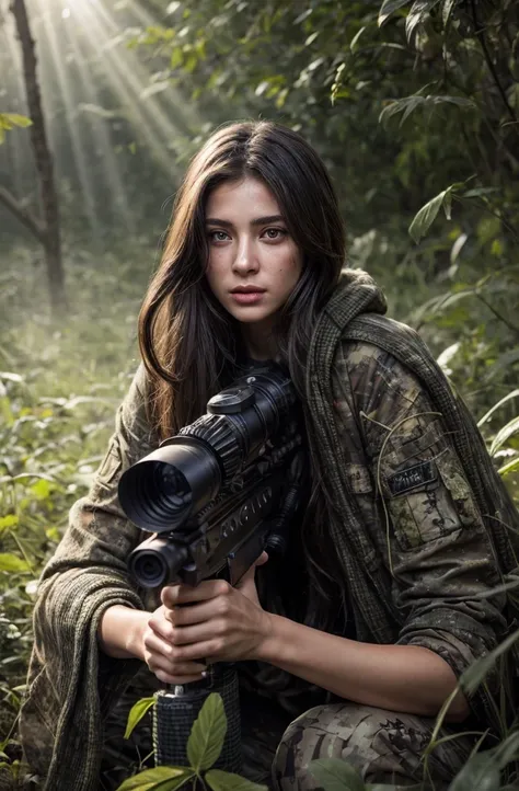 4K image of female sniper hiding in leaves., Wear a ghillie suit., Wear a sniper style camouflage uniform. ,Dark color, Masterpiece, Soft lighting and atmosphere, (god rays)