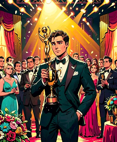 The award ceremony venue. Spotlights are shining on the stage, and trophies and bouquets of flowers are placed on the stage. In the audience are people in formal attire. A man clutching a trophy with tears in his eyes and an emotional expression on his fac...