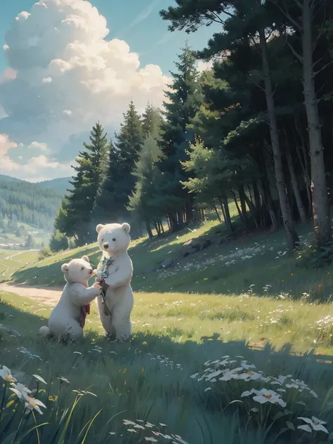 ((several white bears))，(Play in the fields, paddy，cute white bear, Cute girls), Ghibli background style, Yuru Chara Style，Cute storybook illustrations, , 柔和light, cream, Giorgio Morandi colors, Thick Line Graph, Full color illustrations, Picnic in the for...