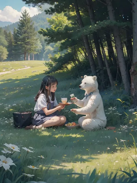 ((several white bears))，(Play in the fields, paddy，cute white bear, Cute girls), Ghibli background style, Yuru Chara Style，Cute storybook illustrations, , 柔和light, cream, Giorgio Morandi colors, Thick Line Graph, Full color illustrations, Picnic in the for...