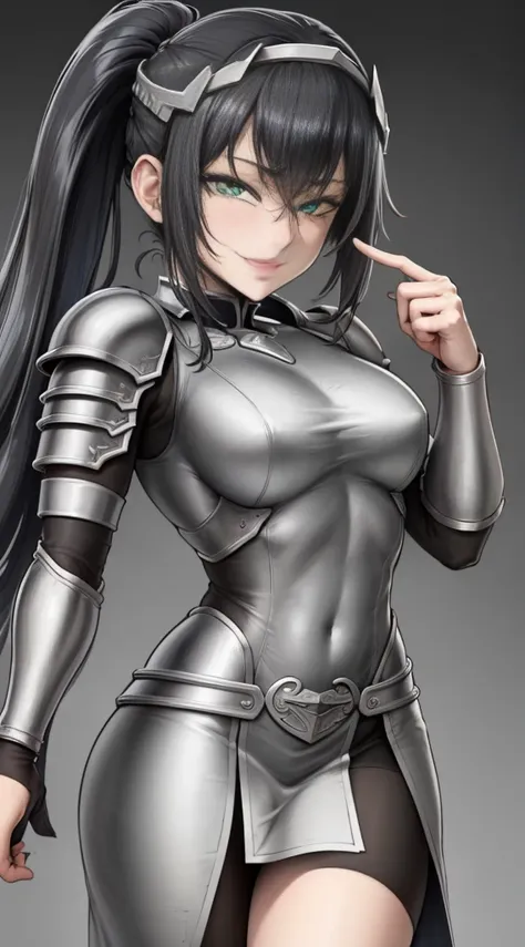 ((Masterpiece, best-quality, ultra detailed, good eyes)), 1girl, score_9, score_8_up, BREAK, source_anime,  monochrome, greyscale, ebiblue, gesugao, 1girl, shadowheart, black hair, braided ponytail, green eyes, circlet, (glowing eyes:0.5), armor, smile,  l...