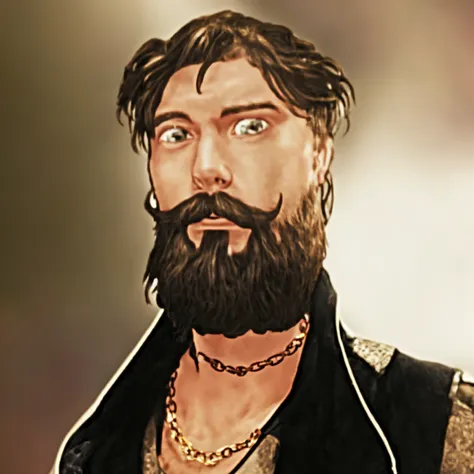 metal rocker man, hair faded sides, quiff, brown hair, big beard, handlebar moustache, brown eyes, chains necklace