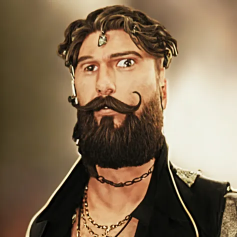 metal rocker man, hair faded sides, quiff, brown hair, big beard, handlebar moustache, brown eyes, chains necklace