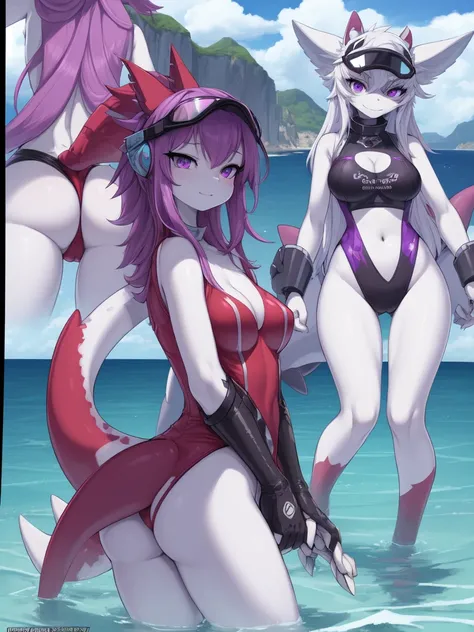 ((best quality, Masterpiece, Complete anatomy, Detailed pictures)), 1 female, arctic protogen, shark girl, Long visor, purple visor, purple eyes, sexy body, Big Pong, Chest 87, Waist 57, Thigh 86, naked, Shark tail, red red, shy, sea, Blackonepieceswimsuit