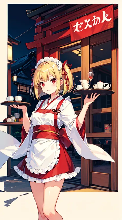 , Bangs, Blonde hair, (Red Eyes:1.5), Hair Ribbon, One side up, bob cuts, Perfect body, japanese clothes, kimono, apron, red ribbon, waitress,