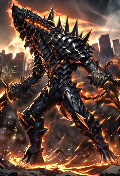 Original Kaiju armor form of a human, sharp, obsidian-like plates that overlap like armor, Elongated and somewhat reptilian head, with a pronounced crest of jagged obsidian spikes running from the forehead to the back of the neck. Four glowing, amber eyes ...