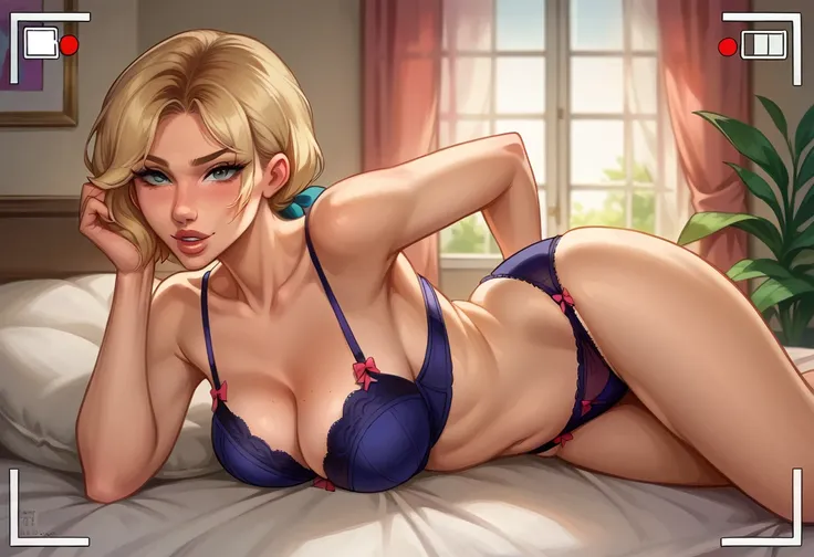 score_9, score_8_up, score_7_up, source_cartoon, BREAK 1girl, solo, short hair Gwen Stacy, looking at viewer, parted lips, bra and panties, mature woman, hair tie, hot, posing in her bedroom, model poses, touching herself over her clothes, viewfinder.