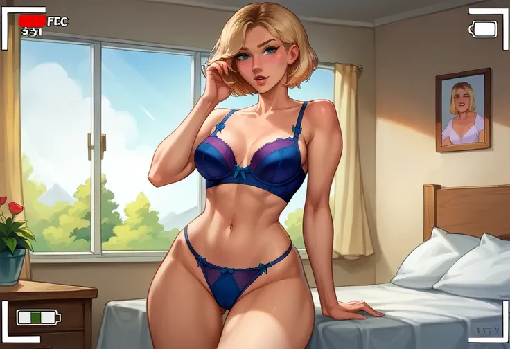 score_9, score_8_up, score_7_up, source_cartoon, BREAK 1girl, solo, short hair Gwen Stacy, looking at viewer, parted lips, bra and panties, mature woman, hair tie, hot, posing in her bedroom, model poses, touching herself over her clothes, viewfinder.