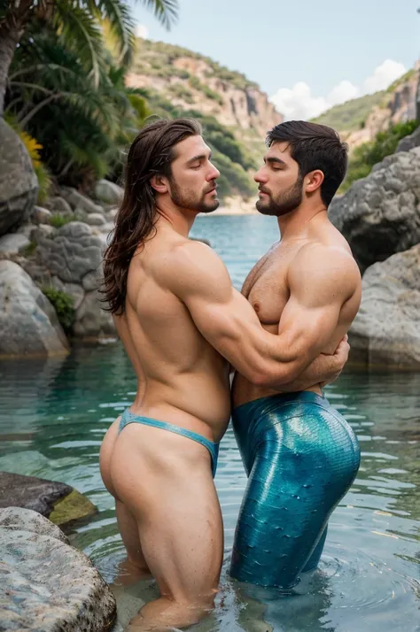 (best quality, masterpiece, epic, absurdres, detailed), shallow dof, soft bokeh, a two muscular male with mermaid dolphin tails, a blue mermaid dolphin fins, shining muscle, broad shoulders, a blue mermaid dolphin tails, backs, sleeping poses on rocks,  bl...