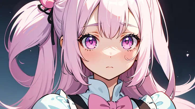 one girl, very beautiful face, beautiful eyes, detailed eyes, detailed face, detailed hair, masterpiece, anime girl, pink eyes, silver hair, , kawaii, two pony tails, very young, big , pixiv, illustration, very high quality, masterpiece, , pink cheeks, loo...