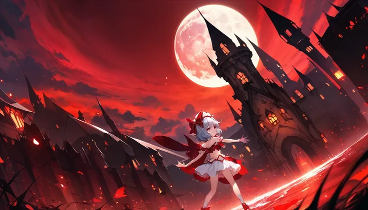 (Remilia Scarlet), loli, skirm, growing red eyes, red full moon, blight red sky, dynamic angle, a castle in background, 8k wallpaper, glowify, more_details:1