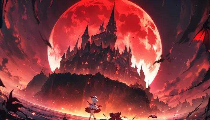 (Remilia Scarlet), loli, skirm, growing red eyes, red full moon, blight red sky, dynamic angle, a castle in background, 8k wallpaper, glowify, more_details:1