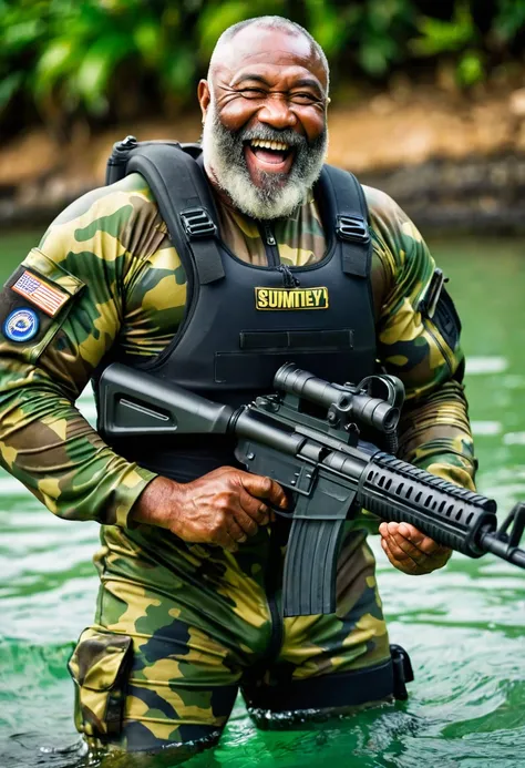 (a dark-skinned bearded fat muscular old man in a bulky army camouflage zipper diver suit) masturbating, carrying a gun, muscular, Bruce Onobrakpeya, sumatraism, stanley artgermm, action, heroic, fierce, smiling