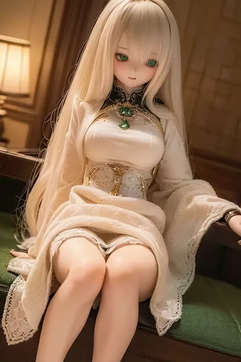 ((highest quality)), ((masterpiece)), (extremely detailed), kukolnydom, doll, (mature woman:1.5), solo, ((eye level shot)), sitting on sofa, green eyes, (looking down, blank eyes:1.3), light smile, dress, castle, 8k