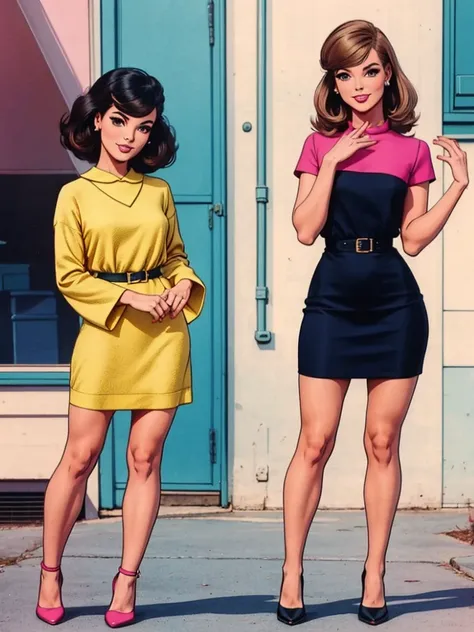 two fashionable young women posing for a picture, retro 60s girls fashion