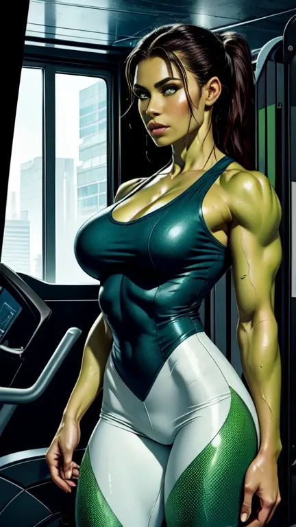 masterpiece,the image is very clear,(((perfect woman))),(((one person))),sci-fi gym, beautiful and delicate face,female hulk,gre...