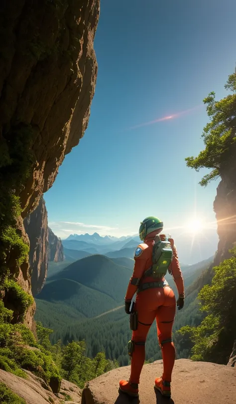 (35mmstyle:1.2), Highly detailed RAW color Photo, Rear Angle, Full Body, of (female space marine, wearing white and red space suit, futuristic helmet, tined face shield, rebreather, accentuated booty), outdoors, (standing on Precipice of tall rocky mountai...