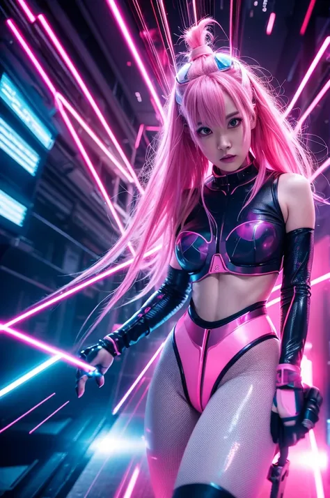 cyber punk, Pink Hair, Futuristic, Surreal, Ultra Wide, Wide-angle lens, look up, Dynamic Movement, Expressive, Vibrant, The sacred boundaries of cinema, Laser Hologram