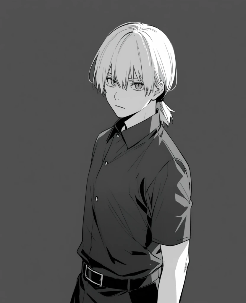 yuto-sano, 1boy, Kaneki, black  hair, unique hairstyle long hair, elegant, monochrome, solo, greyscale, male focus, looking at viewer, holding a sword