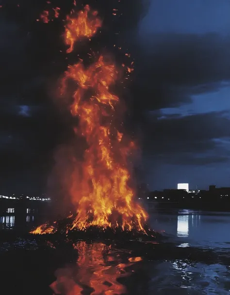 ong view of fire on black water, blue night city background