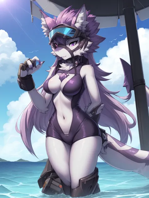 ((best quality, Masterpiece, Complete anatomy, Detailed pictures)), 1 female, arctic protogen, shark girl, Long visor, purple visor, purple eyes, sexy body, Big Pong, Chest 87, Waist 57, Thigh 86, naked, Shark tail, red red, shy, sea, Blackonepieceswimsuit