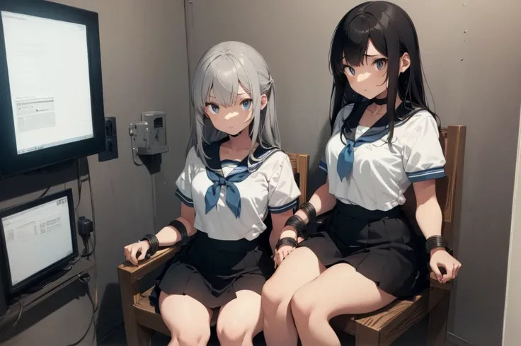 3 girls, ((squeezed together, inside tiny cube, strapped to chairs)), (sitting:1.5), (bondage chair:1.5), (inside metal room:1.5...