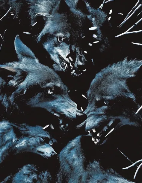 vector graphic, crashing together wolves at night