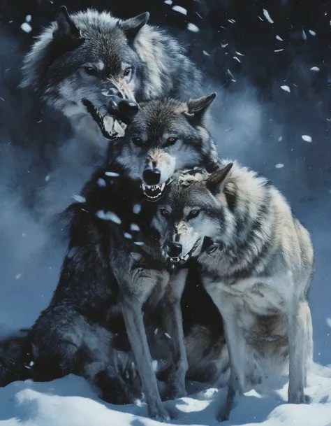 winter, crashing together wolves at night