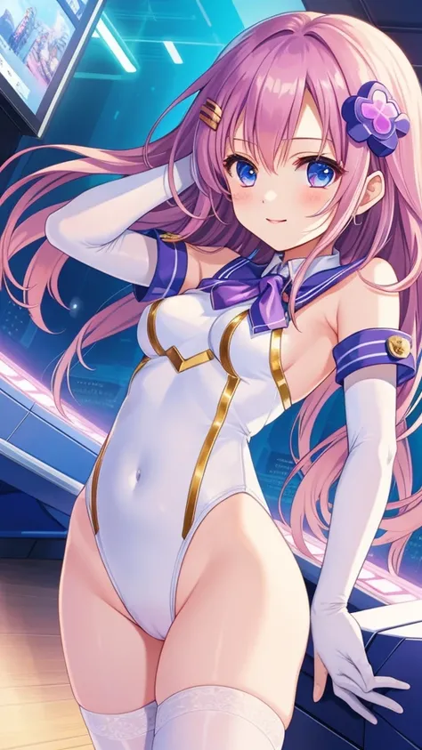 (masterpiece, best quality, illustration, game cg), solo, 1girl, nepgear, d-pad hair ornament, white leotard, elbow gloves, white thighhighs, vibrant colours