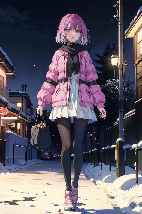 Anime girl with medium pink hair and purple eyes standing in the snow, anime moe art style, style of anime4 K, Anime art wallpaper 8 K, Anime art wallpaper 4 K, Anime art wallpaper 4k, Anime wallpaper 4K, Anime wallpaper 4 k, Detailed digital anime art, 4K...