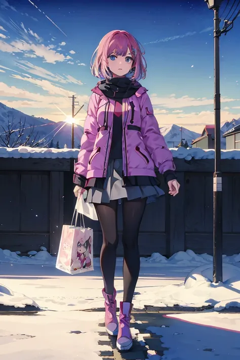 Anime girl with medium pink hair and purple eyes standing in the snow, anime moe art style, style of anime4 K, Anime art wallpaper 8 K, Anime art wallpaper 4 K, Anime art wallpaper 4k, Anime wallpaper 4K, Anime wallpaper 4 k, Detailed digital anime art, 4K...