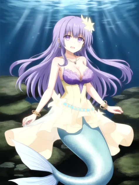 miku izayoi | date a live, mermaid, long hair, light purple hair, purple eyes, cleavage, bra, underwater, sea, looking at viewer...