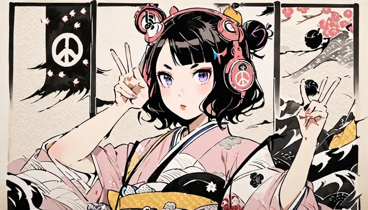 Highest quality, Katsushika Hokusai, Ink Painting, (((peace sign))), (((hair bun))), (((Pale pink kimono))), Japanese style headphones, cherry blossoms, beautiful girl, Black Hair, Delicate and precise, Modern ukiyo-e style