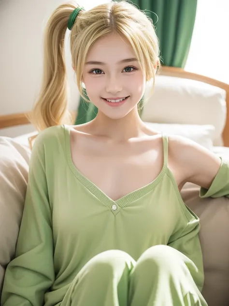 American teenage girl, 15 years old girl, blonde wavy ponytail haircut, smile, face only, flat chest, green clothes