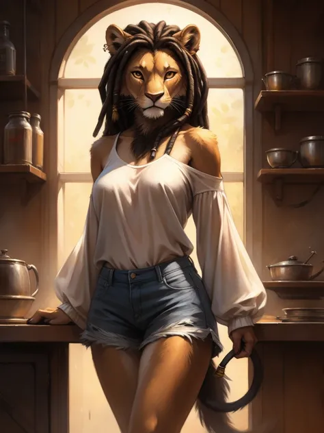 by kenket, by totesfleisch8, (by thebigslick, by silverfox5213:0.8), (by syuro:0.2), a lion, female, in full growth, brown fur, light brown eyes, long black dreadlock hair, tail with a tassel at the end and a metal ring at the base of the tassel, wearing s...