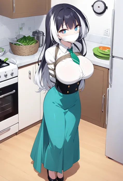 score_9, score_8_up, source_anime, 1girl, solo, blue eyes, long hair, black hair, colored tips, white hair, high-waist skirt, long skirt, green skirt, white shirt, long sleeves, green necktie,, standing, indoors,house kitchen, (bound with an excessive amou...