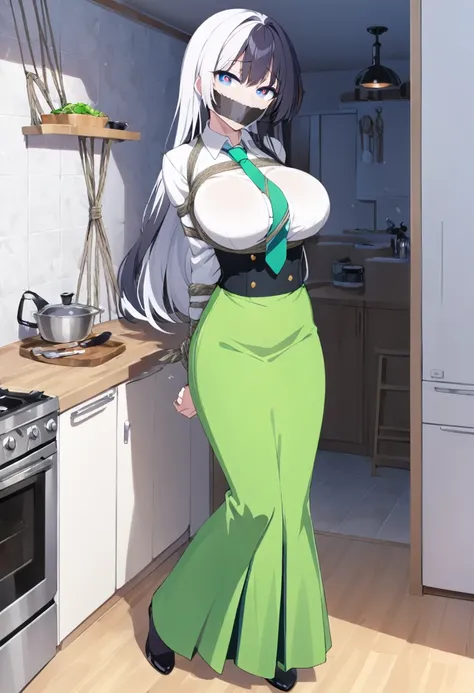 score_9, score_8_up, source_anime, 1girl, solo, blue eyes, long hair, black hair, colored tips, white hair, high-waist skirt, long skirt, green skirt, white shirt, long sleeves, green necktie,, standing, indoors,house kitchen, (bound with an excessive amou...