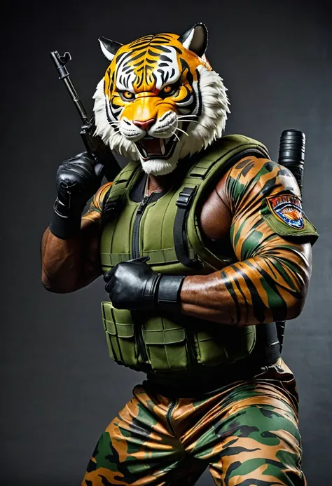 (a dark-skinned fat muscular old man in a bulky army camouflage zipper diver suit) doing raising fist pose and carrying a rifle, (wearing realistic roaring siberian tiger mask), muscular, Bruce Onobrakpeya, sumatraism, stanley artgermm, action, heroic, fie...