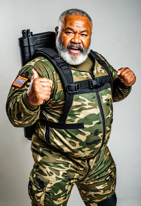 (a dark-skinned bearded fat muscular old man in a bulky army camouflage zipper diver suit) doing raising fist pose and carrying a rifle, muscular, Bruce Onobrakpeya, sumatraism, stanley artgermm, action, heroic, fierce, snarling