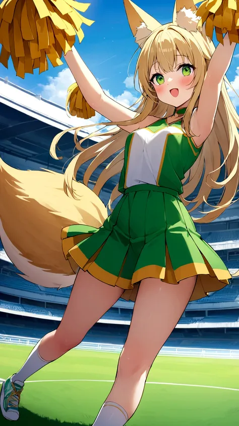 15-year-old beautiful fox beast girl、Rin (Rin) Please draw。She has long straight blonde hair、Has large, clear emerald green eyes。The golden fox ears stand up straight on her head.、It has a bushy golden fox tail.。Slender and supple figure、It has a small and...