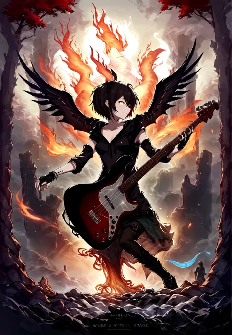 Make a cover of a song, make this a boy with a guitar and make a girl with a bass put them on a stage as if they were giving a concert, where you can see that from afar the Phoenix gives them energy