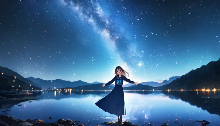 absurdres, highres, (Spectacular scenery:1.1)
BREAK
one girl standing on (lake:0.5), starry sky, (night:1.3) sky, detailed night sky, (happy smile:1.2), background is (night sky), open mouth, looking at viewer, (fullbody:1.2), (from side:1.2), diffuse refl...