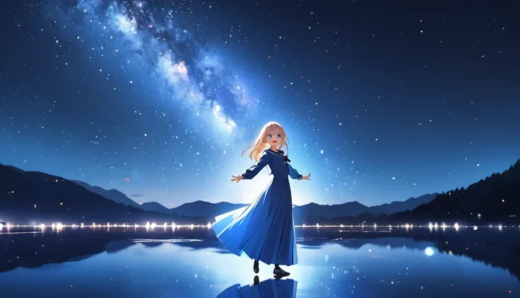 absurdres, highres, (Spectacular scenery:1.1)
BREAK
one girl standing on (lake:0.5), starry sky, (night:1.3) sky, detailed night sky, (happy smile:1.2), background is (night sky), open mouth, looking at viewer, (fullbody:1.2), (from side:1.2), diffuse refl...