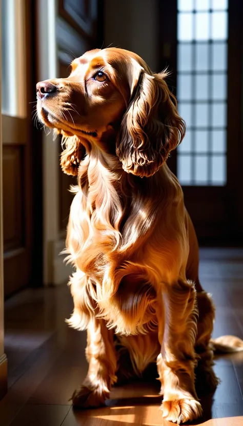 There is no one, realistic photo, photo realism, realism, cocker spaniel (cocker spaniel), perfect composition, intricate details, Very sharp, masterpiece, profile, high resolution, looking at the viewer, Full body photo in a comfortable atmosphere indoors